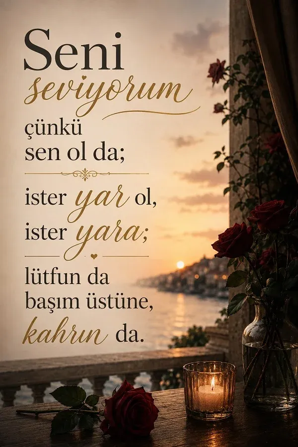 Güller ve gün batımı manzarası eşliğinde romantik seni seviyorum sözü bulunan görsel