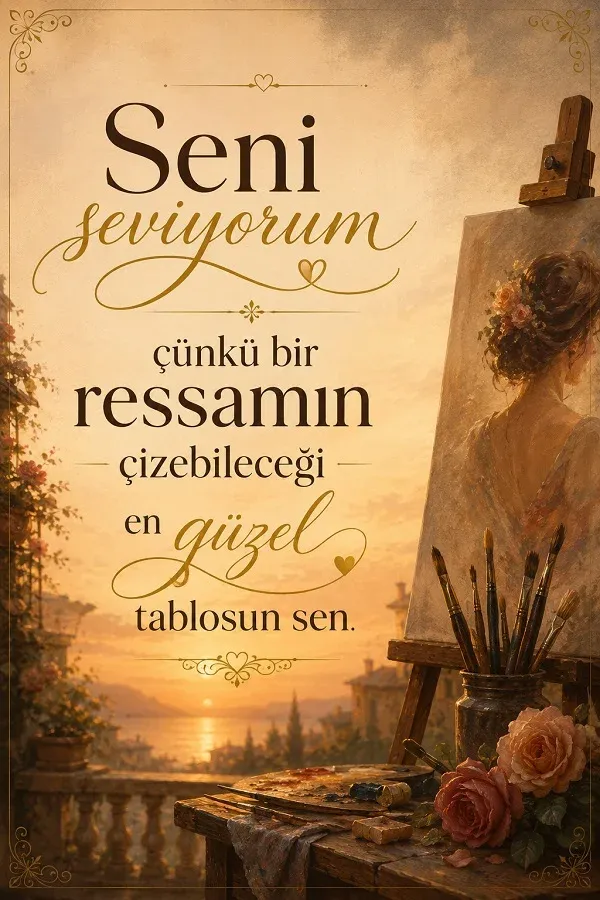 Ressam şövalesi ve romantik seni seviyorum sözü bulunan sanatsal aşk görseli