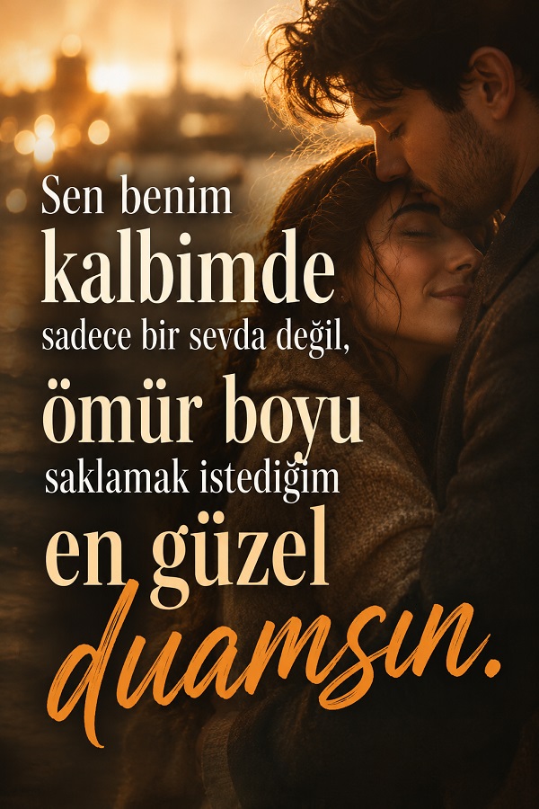 Gün batımında birbirine sarılan bir çiftin yer aldığı, “Sen benim kalbimde sadece bir sevda değil, ömür boyu saklamak istediğim en güzel duamsın” sözlü romantik görsel.