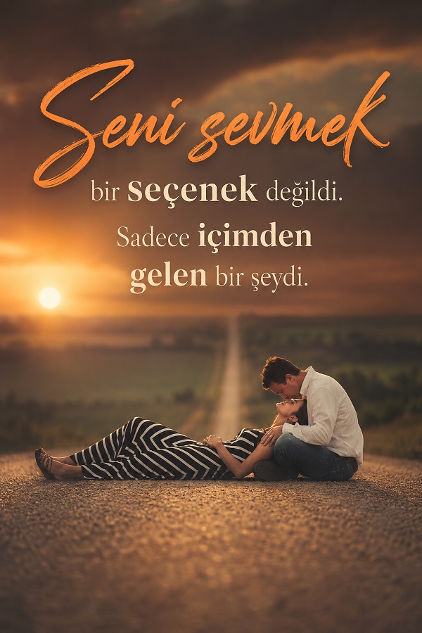 Gün batımında yolda oturan bir çiftin yer aldığı, “Seni sevmek bir seçenek değildi. Sadece içimden gelen bir şeydi” sözlü aşk görseli.