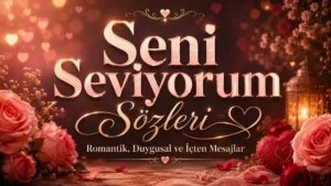 Seni Seviyorum Sözleri yazısının yer aldığı, pembe güller, kalp süsleri, sıcak ışık efekti ve romantik yazı tasarımı bulunan estetik kapak görseli.