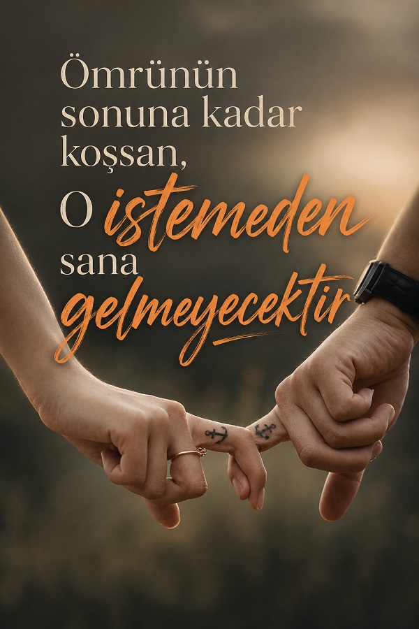 Birbirine değen iki elin yakın planda yer aldığı, “Ömrünün sonuna kadar koşsan, o istemeden sana gelmeyecektir” sözlü anlamlı görsel.