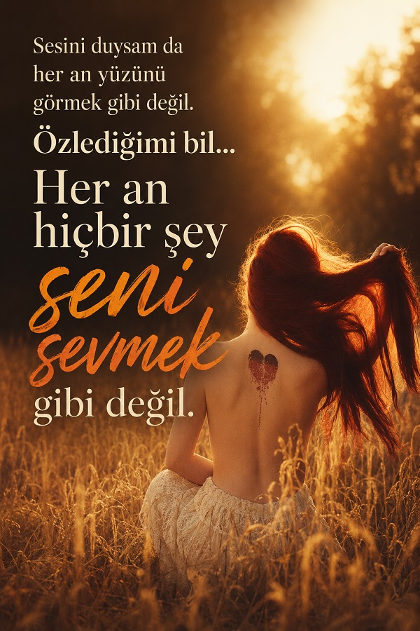 Sarı tarlada oturan kızıl saçlı bir kadın ve “Özlediğimi bil… Her an hiçbir şey seni sevmek gibi değil” sözünün yer aldığı duygusal aşk görseli.