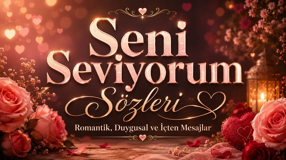 Seni Seviyorum Sözleri yazısının yer aldığı, pembe güller, kalp süsleri, sıcak ışık efekti ve romantik yazı tasarımı bulunan estetik kapak görseli.