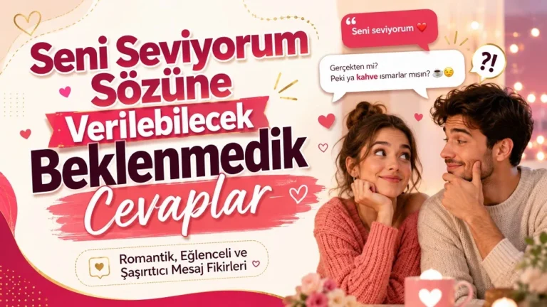 Romantik çift, konuşma balonları, kalp ikonları ve renkli yazı tasarımıyla hazırlanmış “Seni Seviyorum Sözüne Verilebilecek Beklenmedik Cevaplar” kapak görseli.