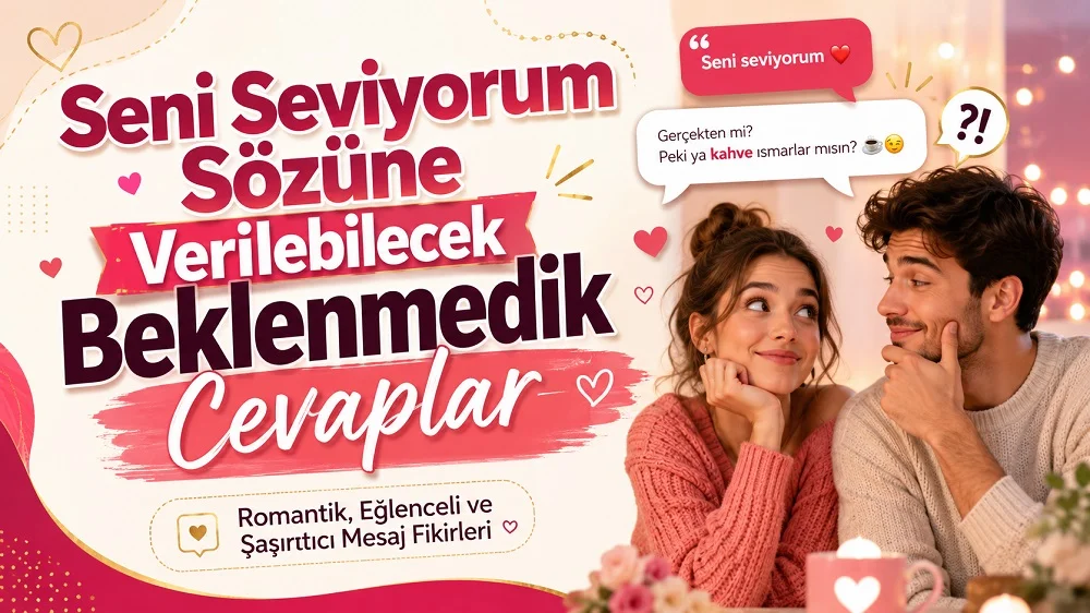 Romantik çift, konuşma balonları, kalp ikonları ve renkli yazı tasarımıyla hazırlanmış “Seni Seviyorum Sözüne Verilebilecek Beklenmedik Cevaplar” kapak görseli.
