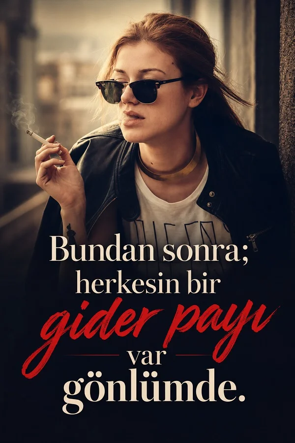 Sigara tutan güneş gözlüklü kadın fotoğrafı üzerinde “Bundan sonra; herkesin bir gider payı var gönlümde.” yazılı anlamlı söz tasarımı.