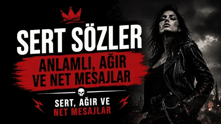 Siyah ve kırmızı tonlarda, sert kadın figürü ve güçlü tipografiyle hazırlanmış Sert Sözler Anlamlı Ağır ve Net Mesajlar kapak görseli.