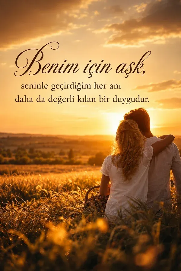 Gün batımında sarılan çift ve aşkın değerini anlatan romantik söz görseli
