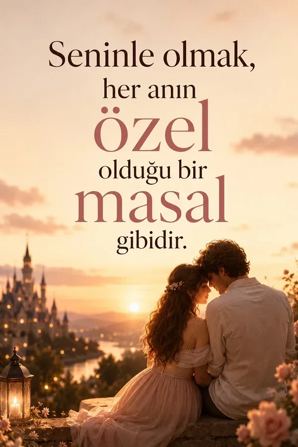 Masalsı gün batımı manzarasında oturan çift ve romantik aşk sözü bulunan görsel