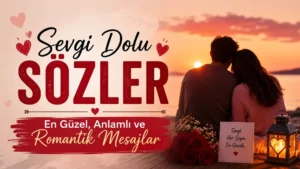 Gün batımı karşısında yan yana oturan romantik çift, kırmızı güller ve “Sevgi Dolu Sözler” yazısıyla hazırlanmış romantik kapak görseli.