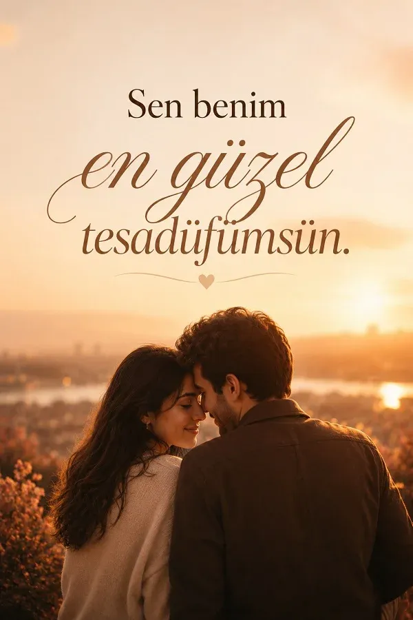 Gün batımında birbirine bakan çift ve romantik tesadüf sözü bulunan görsel
