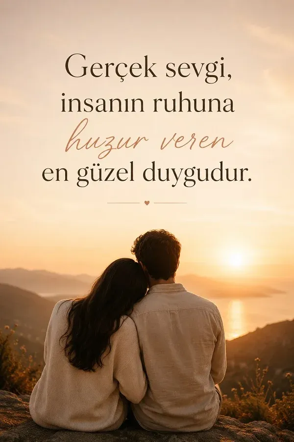 Deniz manzarasında oturan çift ve huzur veren sevgi sözü bulunan romantik görsel