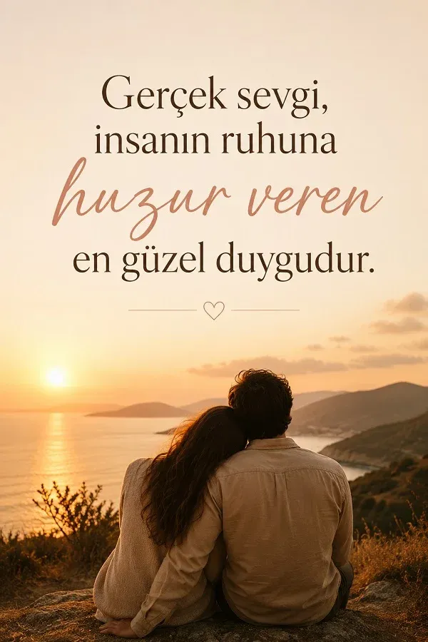 Gün batımında birbirine yaslanan çift ve huzur veren aşk sözü bulunan görsel