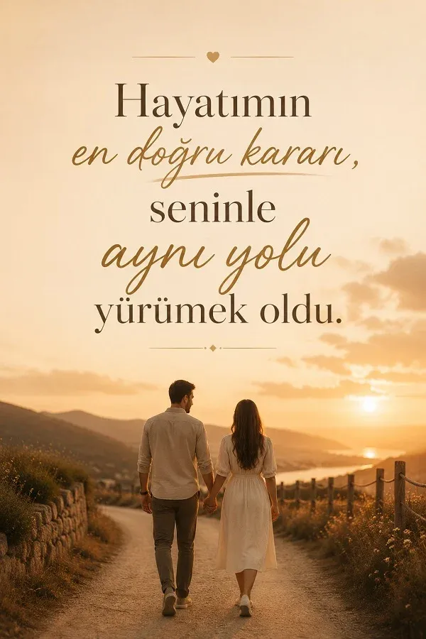 Gün batımında el ele yürüyen çift ve romantik aşk sözü bulunan görsel