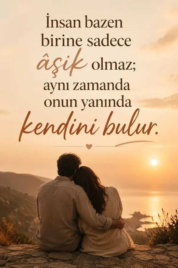 Gün batımında sarılan çift ve gerçek aşkı anlatan romantik söz görseli
