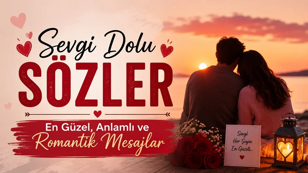 Gün batımı karşısında yan yana oturan romantik çift, kırmızı güller ve “Sevgi Dolu Sözler” yazısıyla hazırlanmış romantik kapak görseli.