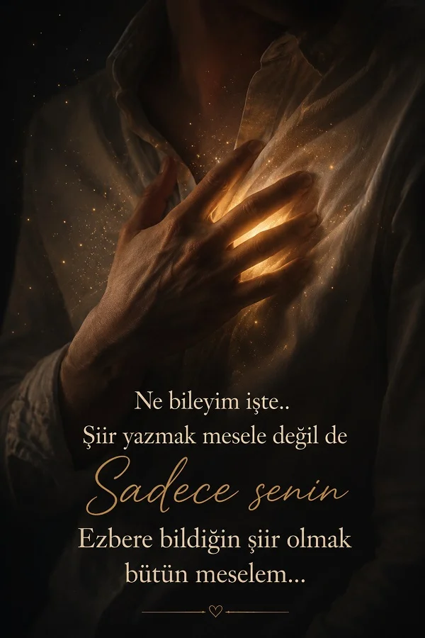 Göğsünde elini tutan ve kalp kısmında ışık parlayan bir kişinin yer aldığı fonda “Şiir yazmak mesele değil de, sadece senin ezbere bildiğin şiir olmak bütün meselem...” sözünün bulunduğu romantik tasarım.
