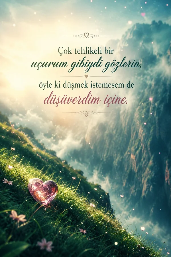 Uçurum kenarında çimenlerin üzerinde kalp şeklinde obje bulunan doğa manzarası üzerinde “Çok tehlikeli bir uçurum gibiydi gözlerin, öyle ki düşmek istemesem de düşüverdim içine.” sözünün yer aldığı romantik tasarım.