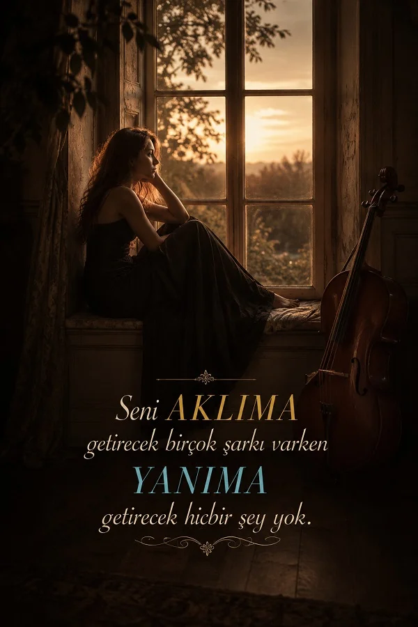 Gün batımı ışığında pencere kenarında oturan bir kadın ve yanında çello bulunan fonda “Seni aklıma getirecek birçok şarkı varken yanıma getirecek hiçbir şey yok.” sözünün yer aldığı duygusal tasarım.