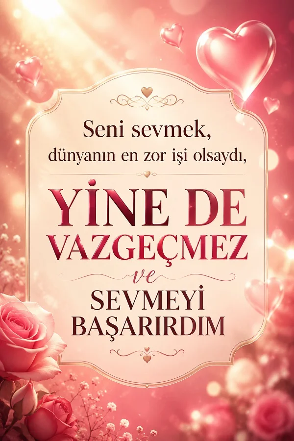 Pembe kalpler ve güllerle süslenmiş fonda “Seni sevmek, dünyanın en zor işi olsaydı, yine de vazgeçmez ve sevmeyi başarırdım.” sözünün bulunduğu romantik tasarım.