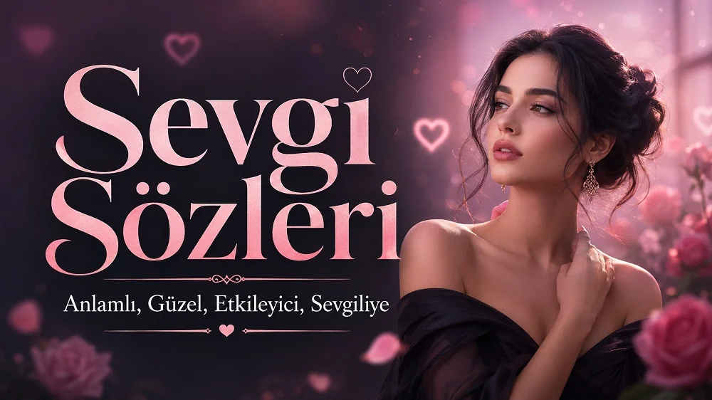 Sevgi Sözleri Anlamlı, Güzel, Etkileyici, Sevgiliye başlıklı romantik kapak tasarımı; pembe-mor arka plan, kalp detayları ve zarif kadın portresi.