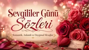 Sevgililer Günü Sözleri yazısının yer aldığı, kırmızı güller, kalp detayları, romantik ışıklar ve zarif yazı tasarımı bulunan kapak görseli.