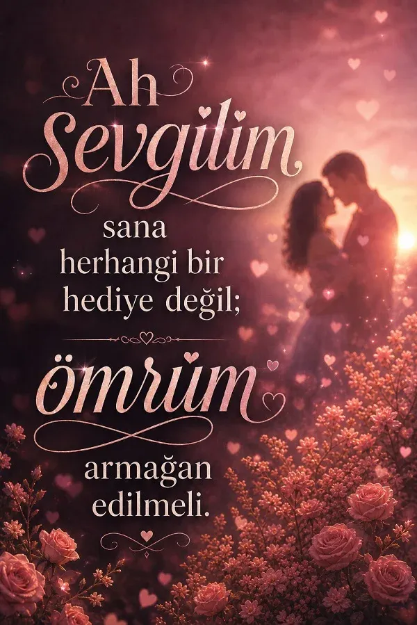 Pembe ve rose gold tonlarında, çiçekler ve kalp detaylarıyla süslenmiş romantik tasarımda “Ah sevgilim, sana herhangi bir hediye değil; ömrüm armağan edilmeli.” sözü ve arka planda gün batımında çift silüeti.