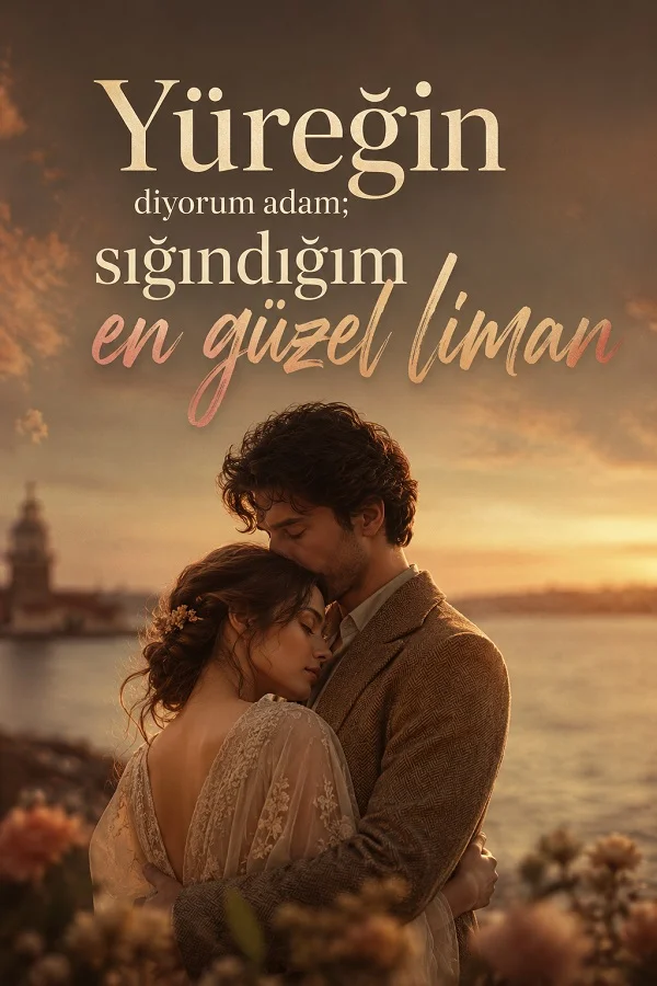 Gün batımında deniz kıyısında birbirine sarılan bir çift görülüyor. Üst kısımda “Yüreğin diyorum adam; sığındığım en güzel liman” sözü yer alıyor.