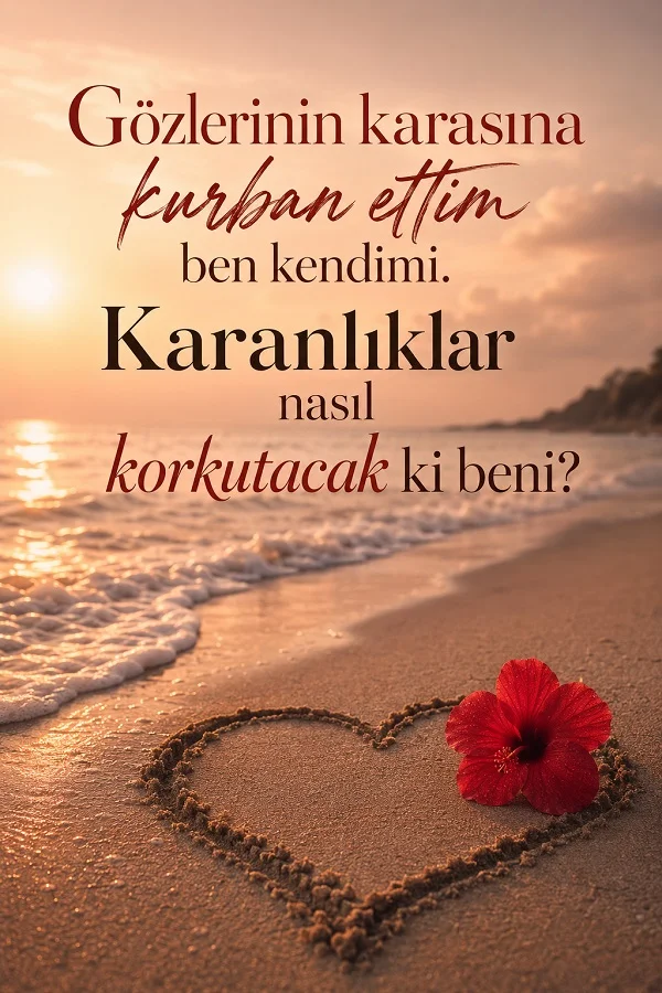 Gün batımında deniz kenarında kuma çizilmiş bir kalp ve yanında kırmızı bir çiçek bulunuyor. Görselde “Gözlerinin karasına kurban ettim ben kendimi. Karanlıklar nasıl korkutacak ki beni?” yazısı yer alıyor.