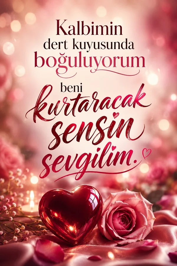 Pembe tonlu arka planda kırmızı kalp objesi, pembe gül ve romantik ışıklar görülüyor. Görselde “Kalbimin dert kuyusunda boğuluyorum, beni kurtaracak sensin sevgilim” yazısı bulunuyor.