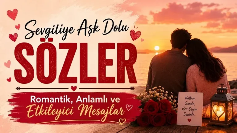 Gün batımında deniz kenarında yan yana oturan romantik bir çiftin yer aldığı yatay kapak görselinde, sol tarafta “Sevgiliye Aşk Dolu Sözler” başlığı ve “Romantik, Anlamlı ve Etkileyici Mesajlar” alt metni; sağ tarafta kırmızı güller, mum ışıklı fener ve aşk notu bulunuyor.