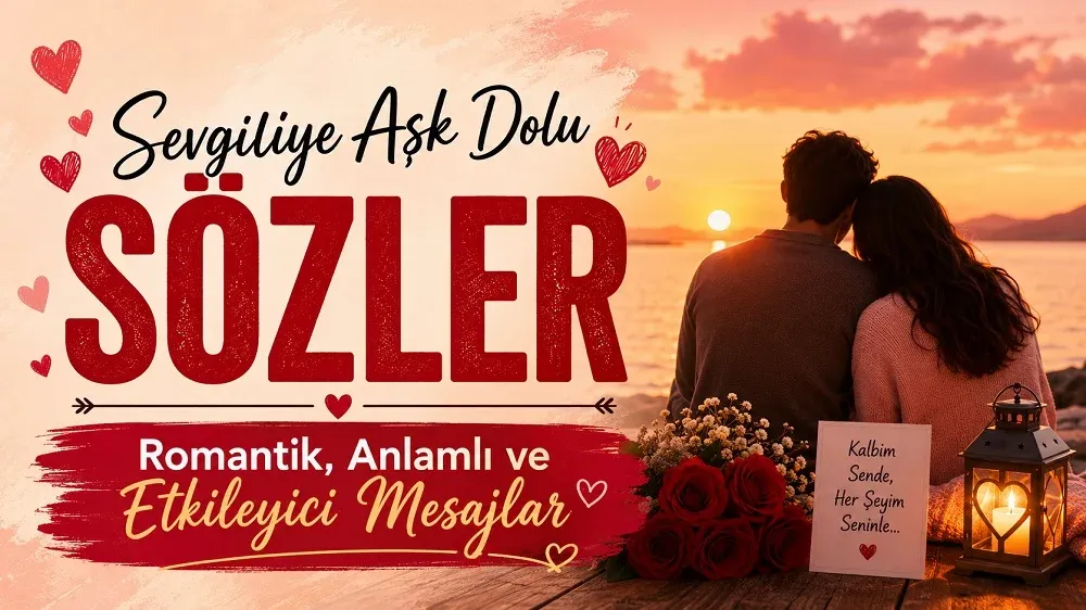 Gün batımında deniz kenarında yan yana oturan romantik bir çiftin yer aldığı yatay kapak görselinde, sol tarafta “Sevgiliye Aşk Dolu Sözler” başlığı ve “Romantik, Anlamlı ve Etkileyici Mesajlar” alt metni; sağ tarafta kırmızı güller, mum ışıklı fener ve aşk notu bulunuyor.