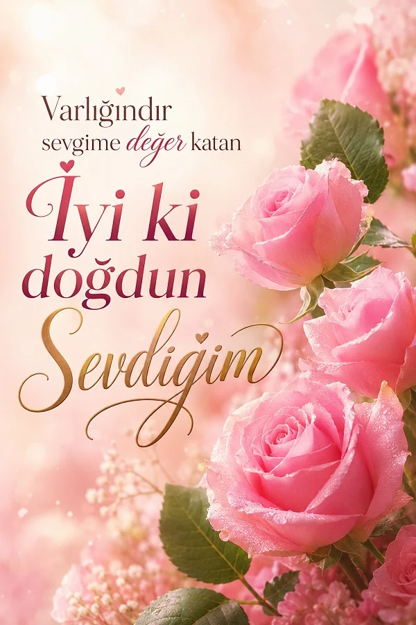 Pembe güller ve romantik yumuşak arka plan üzerinde “Varlığındır sevgime değer katan, iyi ki doğdun Sevdiğim” yazılı sevgiliye özel doğum günü mesajı görseli.