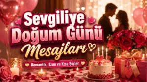 Pembe ve kırmızı tonlarda hazırlanmış kapak görselinde, doğum günü pastası, güller, hediye kutusu, balonlar ve romantik çift silüetiyle “Sevgiliye Doğum Günü Mesajları” başlığı yer alıyor.