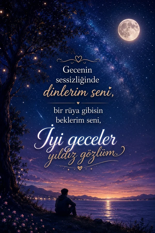Yıldızlı gökyüzü ve dolunay altında göl kenarında oturan bir kişinin bulunduğu sahnede “Gecenin sessizliğinde dinlerim seni, bir rüya gibisin beklerim seni, iyi geceler yıldız gözlüm” yazılı romantik gece görseli.
