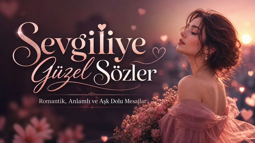 Romantik pembe tonlarda hazırlanmış, sağ tarafta çiçeklerle poz veren zarif bir kadın figürü ve sol tarafta “Sevgiliye Güzel Sözler Romantik, Anlamlı ve Aşk Dolu Mesajlar” yazısı bulunan aşk temalı kapak görseli.