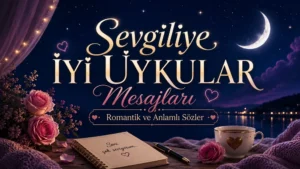 Sevgiliye İyi Uykular Mesajları başlıklı, ay ışığı altında güller, not defteri, fincan ve romantik gece manzarasıyla hazırlanmış blog kapak tasarımı.