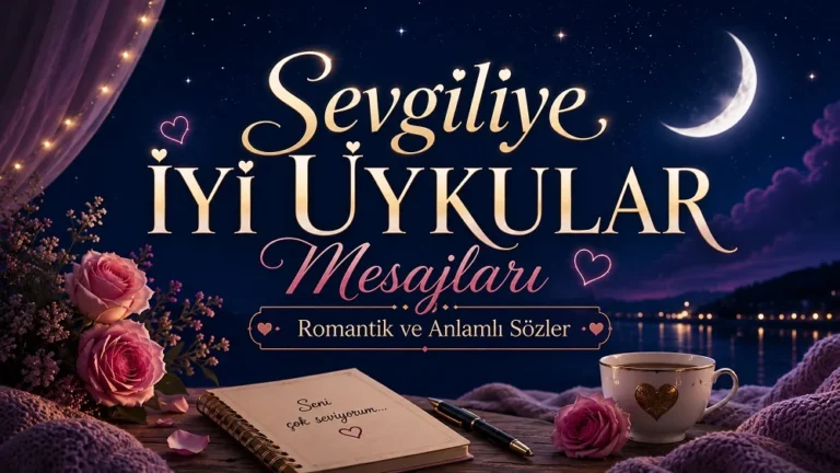 Sevgiliye İyi Uykular Mesajları başlıklı, ay ışığı altında güller, not defteri, fincan ve romantik gece manzarasıyla hazırlanmış blog kapak tasarımı.
