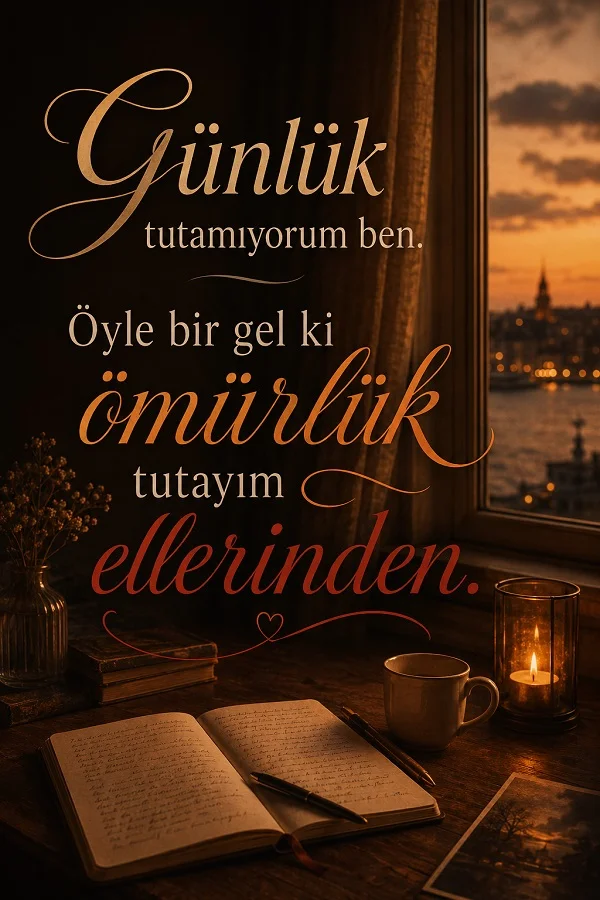 Akşam ışığında masa üzerinde açık defter, kalem, mum ve fincan bulunan iç mekân görselinde “Günlük tutamıyorum ben. Öyle bir gel ki ömürlük tutayım ellerinden.” sözü bulunuyor.