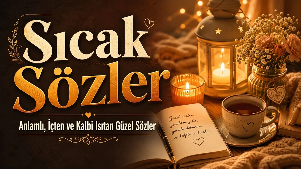 Sıcak ışıklar, mumlar, fener, çiçekler, çay fincanı ve defter detaylarıyla hazırlanmış “Sıcak Sözler” kapak görseli.