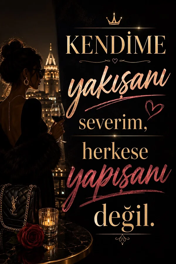 Gece şehir manzarasına karşı duran şık bir kadın figürünün yer aldığı tasarımda “Kendime yakışanı severim, herkese yapışanı değil.” sözü yazıyor.