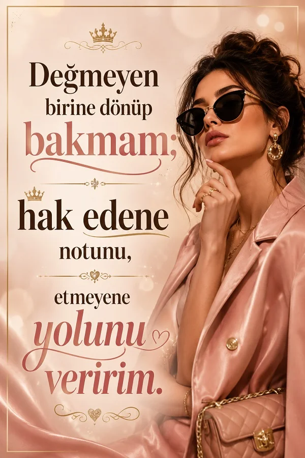 Pembe tonlarda şık giyimli bir kadın figürünün bulunduğu tasarımda “Değmeyen birine dönüp bakmam; hak edene notunu, etmeyene yolunu veririm.” sözü yer alıyor.