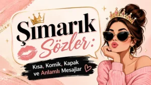 Pembe tonlarda hazırlanmış, taçlı ve güneş gözlüklü kadın illüstrasyonu bulunan “Şımarık Sözler: Kısa, Komik, Kapak ve Anlamlı Mesajlar” başlıklı kapak görseli.