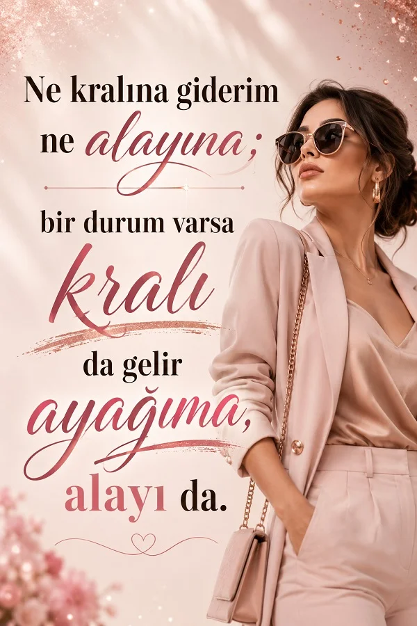 Şık kıyafetli ve güneş gözlüklü bir kadın figürünün bulunduğu tasarımda “Ne kralına giderim ne alayına; bir durum varsa kral da gelir ayağıma, alayı da.” sözü yer alıyor.