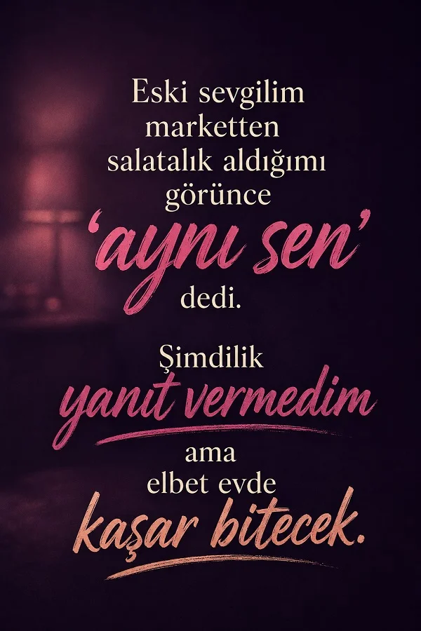 Mor arka planlı sade tasarımda “Eski sevgilim marketten salatalık aldığımı görünce ‘aynı sen’ dedi. Şimdilik yanıt vermedim ama elbet evde kaşar bitecek.” sözü yazıyor.