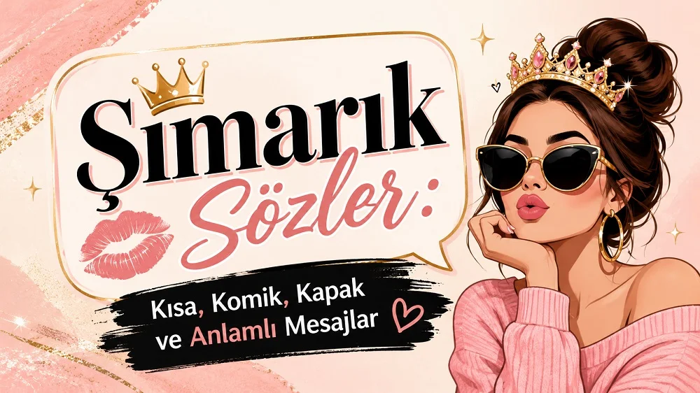 Pembe tonlarda hazırlanmış, taçlı ve güneş gözlüklü kadın illüstrasyonu bulunan “Şımarık Sözler: Kısa, Komik, Kapak ve Anlamlı Mesajlar” başlıklı kapak görseli.