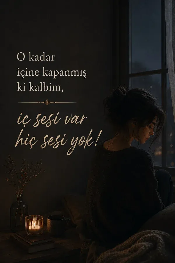 Pencere önünde yalnız oturan kadın ve duygusal sitem sözü bulunan görsel