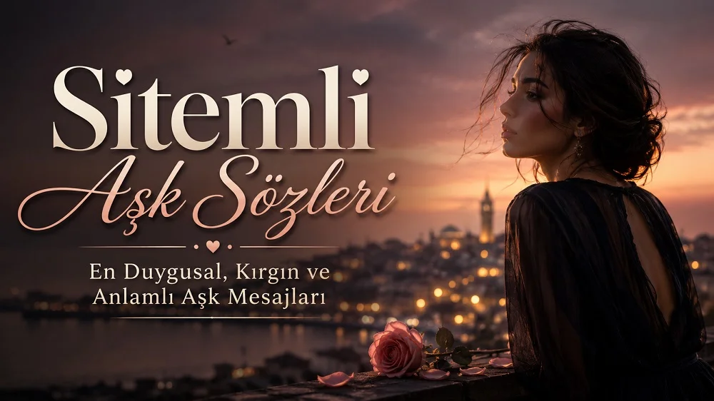 Gün batımı fonunda şehir manzarasına bakan düşünceli bir kadın figürü ve “Sitemli Aşk Sözleri: En Duygusal, Kırgın ve Anlamlı Aşk Mesajları” başlığı bulunan kapak görseli.