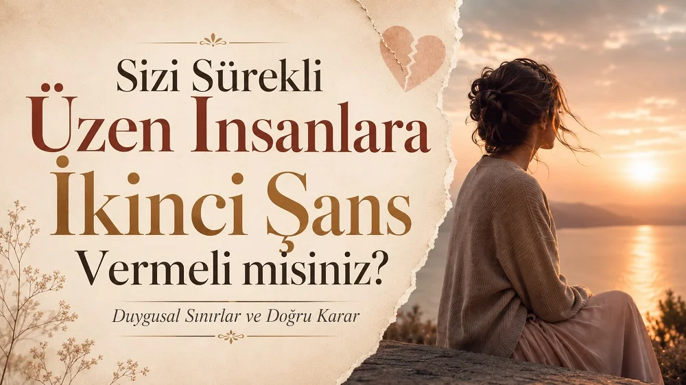Gün batımı manzarası önünde oturan düşünceli kadın figürü, kırık kalp detayı ve büyük zarif tipografiyle hazırlanmış “Sizi Sürekli Üzen İnsanlara İkinci Şans Vermeli misiniz?” başlıklı modern kapak görseli.